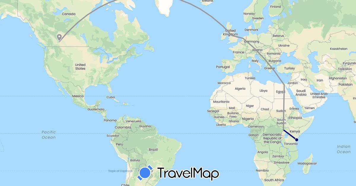 TravelMap itinerary: driving, plane in Canada, Egypt, United Kingdom, Kenya, Netherlands, Uganda (Africa, Europe, North America)